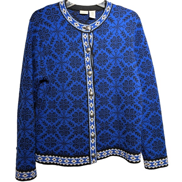 LL Bean Sweater Women M Merino Wool Nordic Fair Isle Cardigan Button Up Winter - Picture 1 of 14